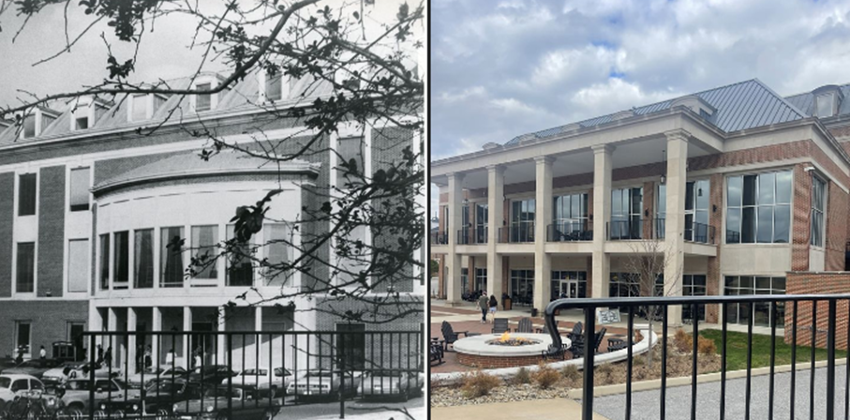 Side-by-side image of the back (west) side of the RUC before renovation and after