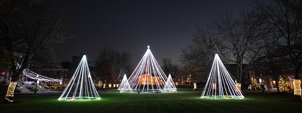 Christmas lights in the shape of trees set up on the Main Quad. 