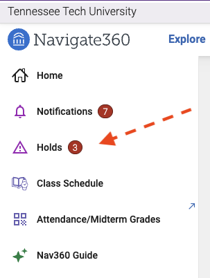 Image of the Holds menu item within Navigate360 Student app.
