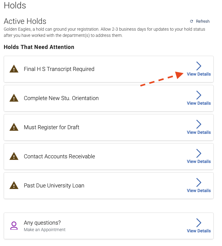 Image of the Holds Center and a list of holds with and arrow point to "View Details" on a hold displayed within Navigate360 Student app.