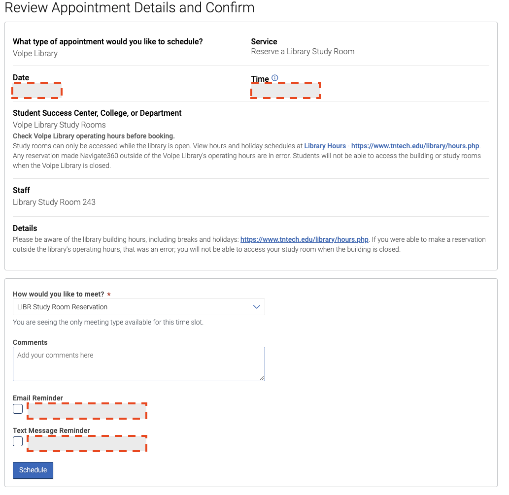 Image of the Navigate360 Student Reservation Details and Confirmation screen for Study Room Reservations