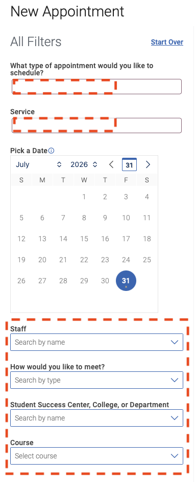 Image of Navigate360 Student Web Version Appointment Filters