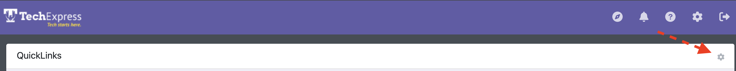 Image of the TechExpress Quicklinks bar with the Gear Icon pointed