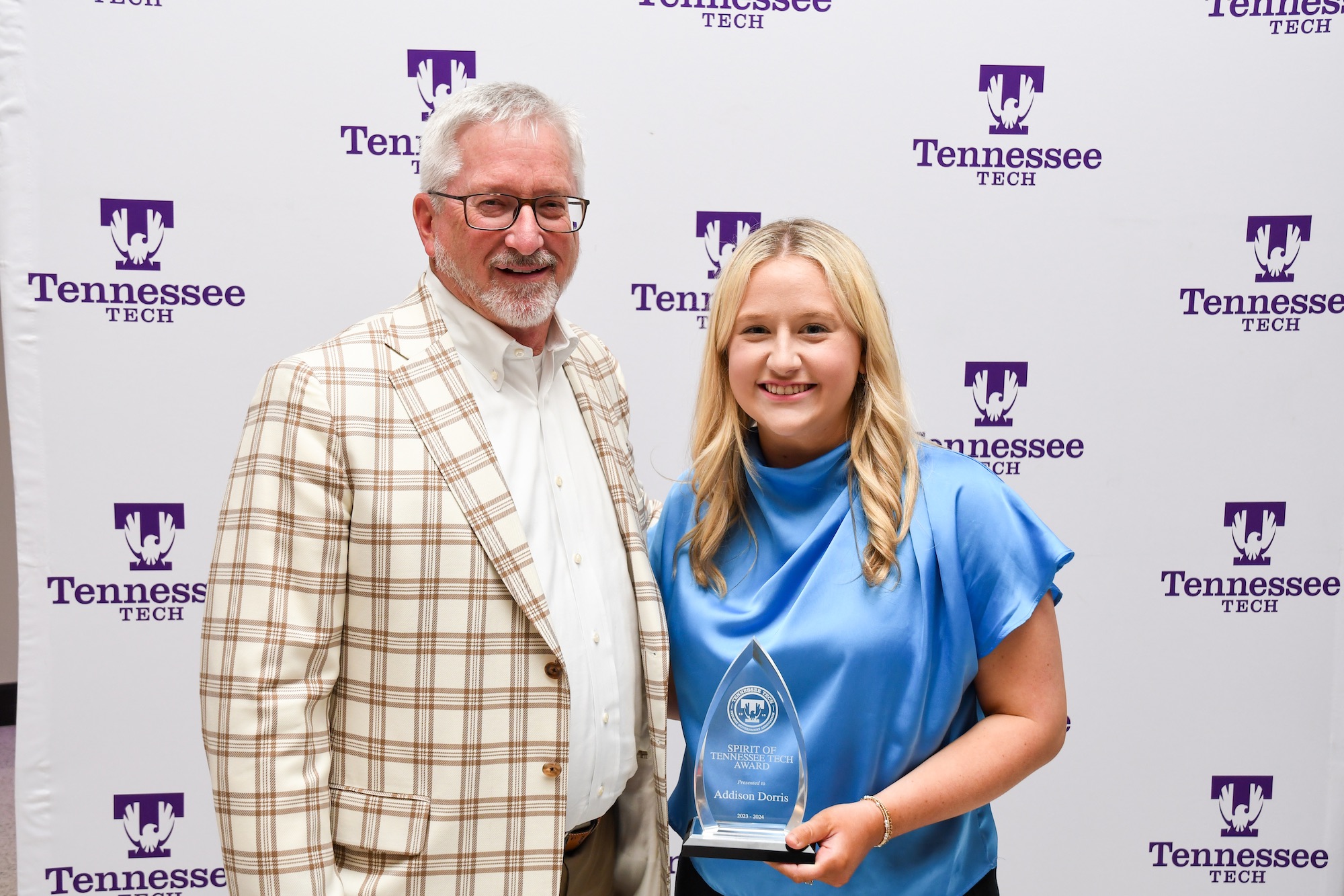 Spirit of Tennessee Tech Award winner Addison Dorris with Tech President Phil Oldham.