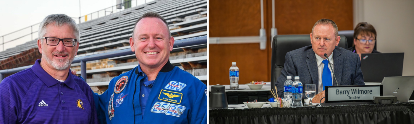 Left photo: Tech President Phil Oldham is pictured with Barry Wilmore at the university’s 2017 solar eclipse viewing party. Right photo: Barry Wilmore listens to a presentation at the university’s September 5, 2023 Board of Trustees meeting. 