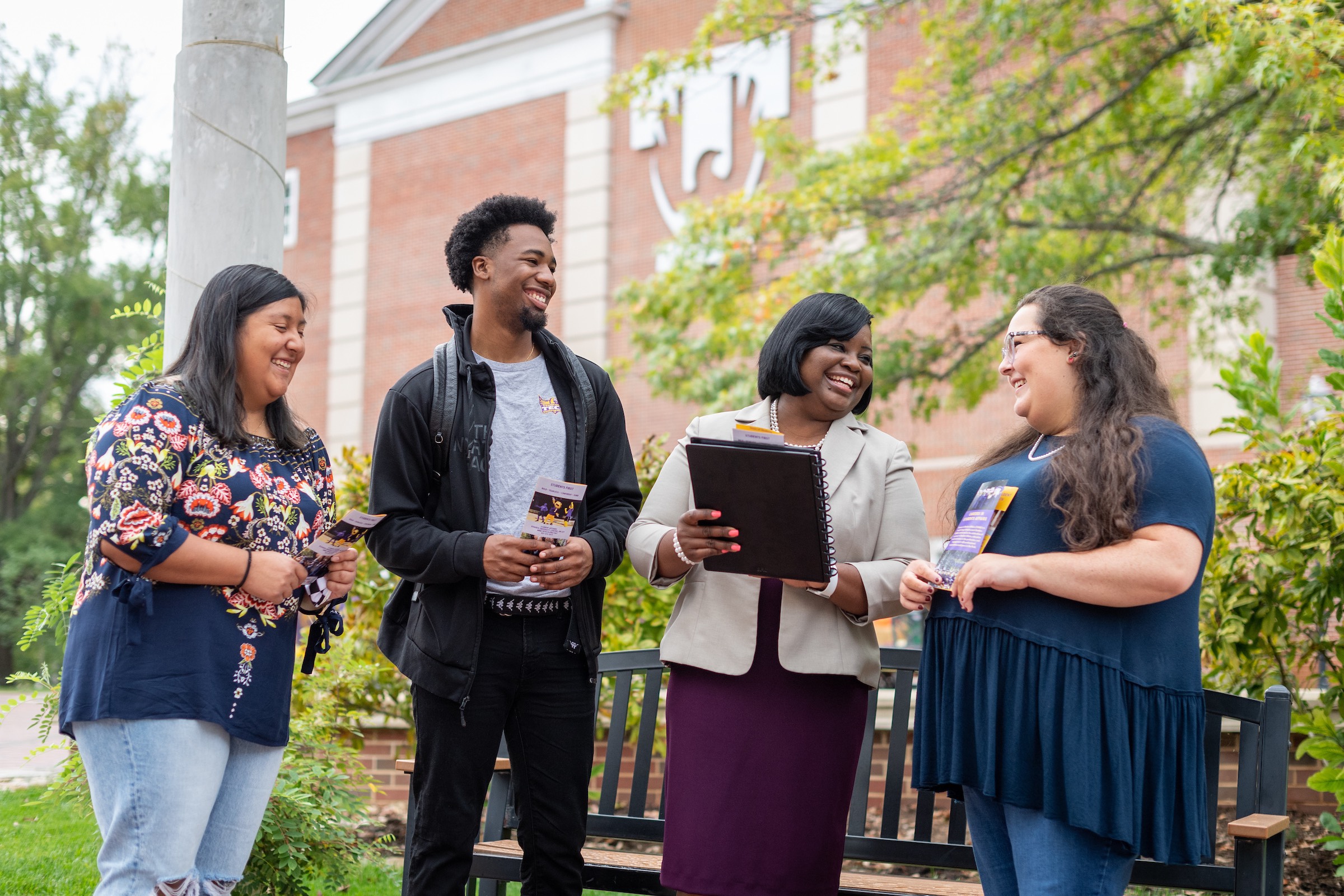 Tennessee Tech Vice President for Student Affairs Dr. Cynthia Polk-Johnson, second from right, visits with students on Tech’s Centennial Plaza. Polk-Johnson spearheads the university’s efforts to promote first-generation student success along with Dr. Harry Ingle, the university’s newly appointed executive director for Student Affairs. 