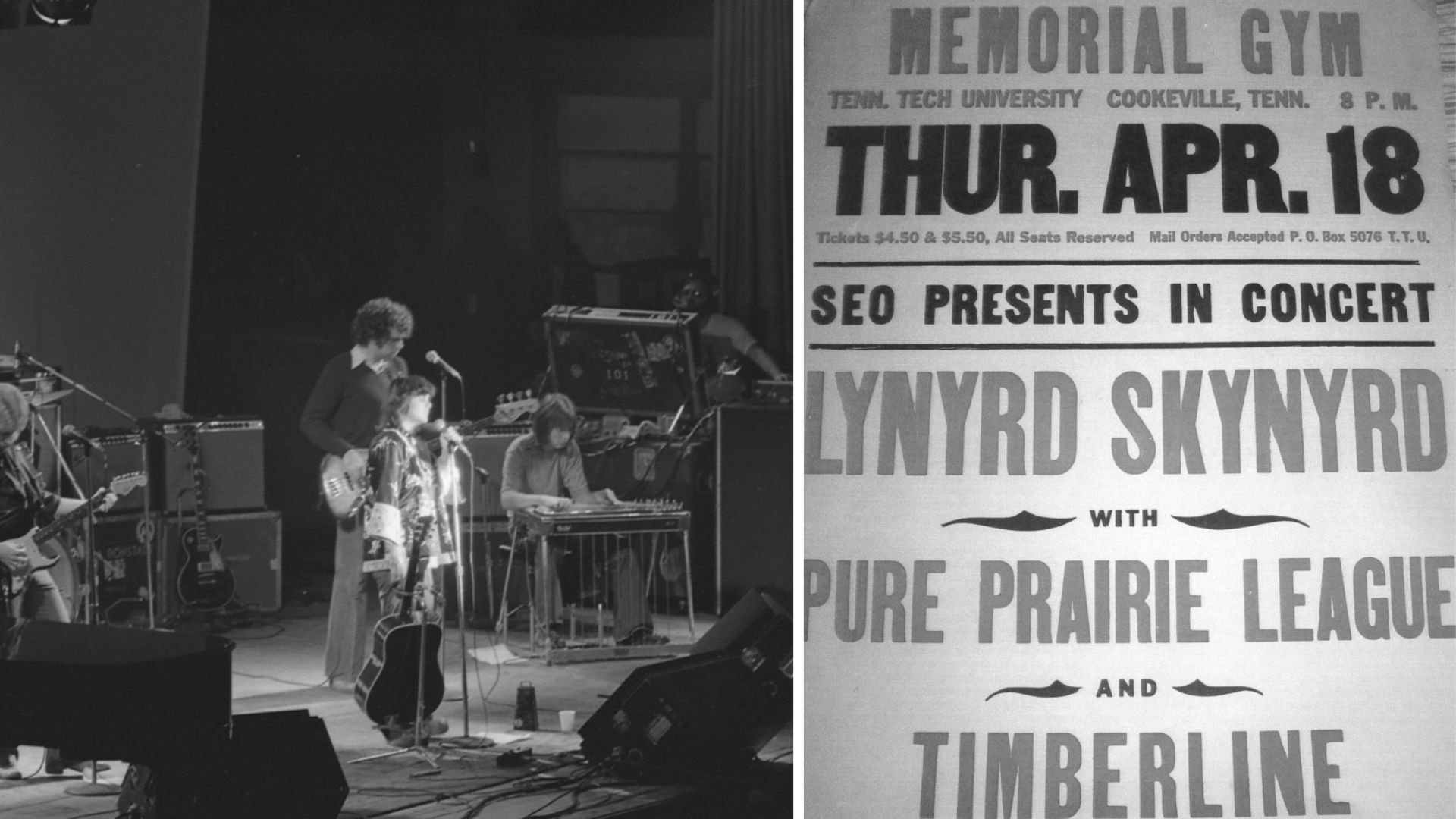 Left: A 1975 Linda Ronstadt concert. Right: An advertisement for a 1974 Lynyrd Skynyrd concert.