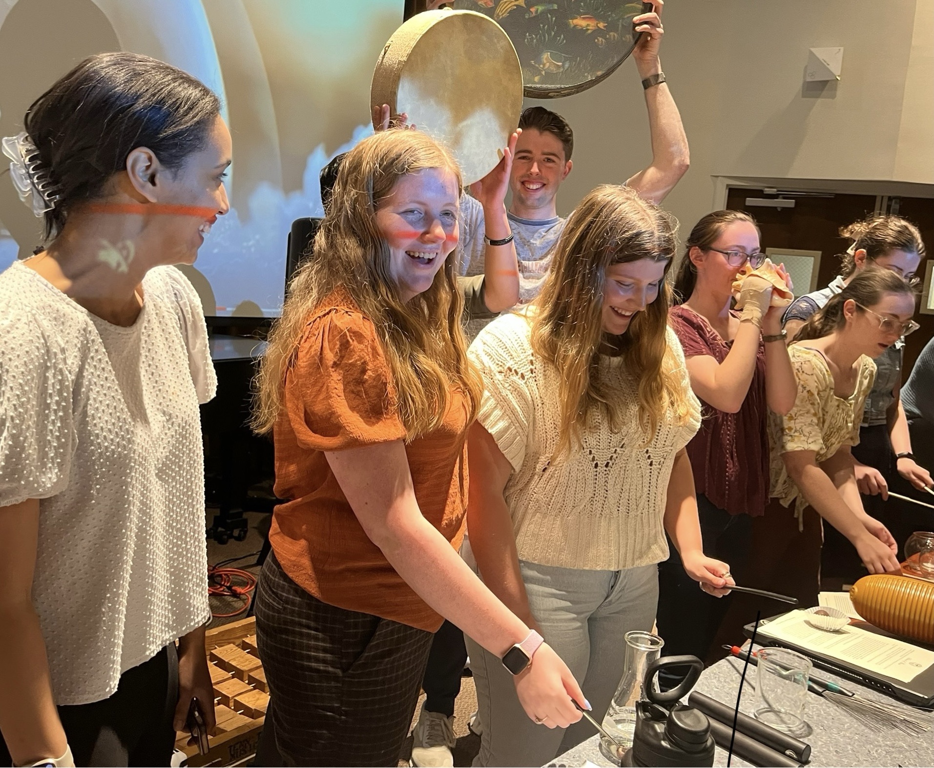 Students in the “Sounds of Science” honors colloquium prepare for their end-of-semester recital. From left: Faith Jolley, Olivia Furr, Drew Bucher, Mary Clemons, Sarah Owens, Kelsey Rainey and Bradie McCarty. 