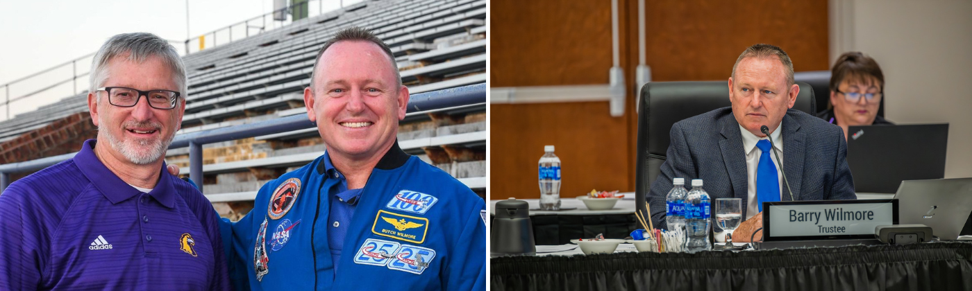 Left: Tech President Phil Oldham is pictured with Barry Wilmore at the university’s 2017 solar eclipse viewing party. Right: Barry Wilmore listens to a presentation at the university’s September 5, 2023 Board of Trustees meeting. 