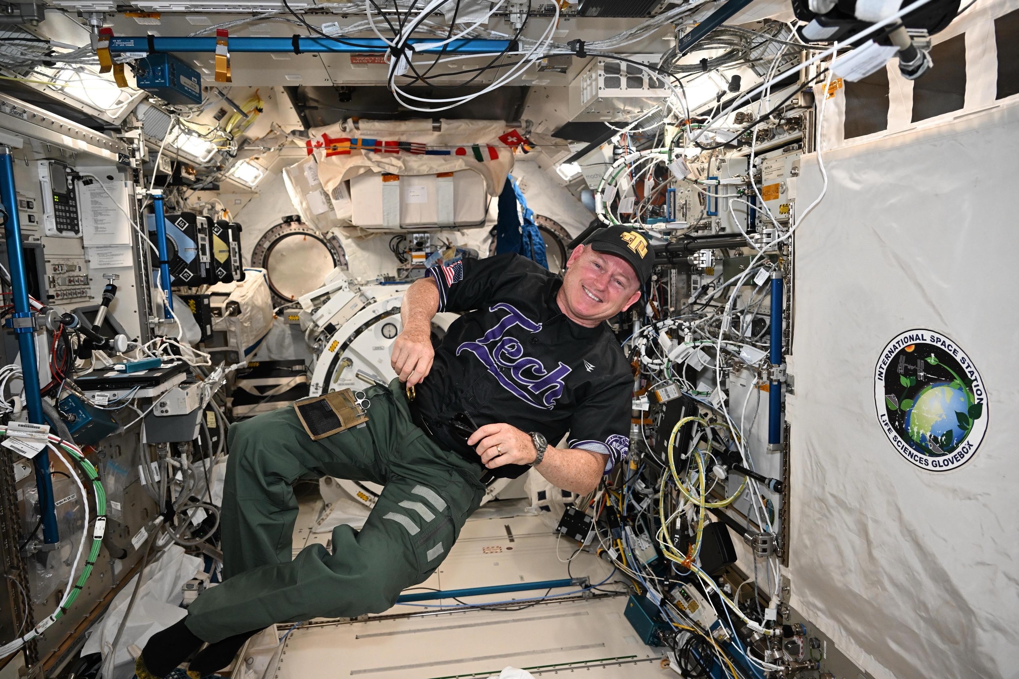 Barry “Butch” Wilmore wears a Tennessee Tech hat and jersey during his nine month stay aboard the International Space Station. Wilmore and fellow astronaut Suni Williams returned to Earth on March 18. 