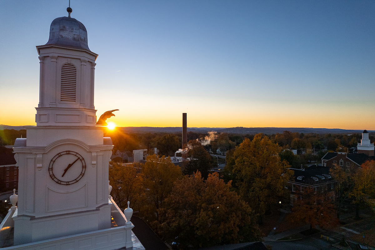 Close-up of the Derryberry Hall cupola at dusk.