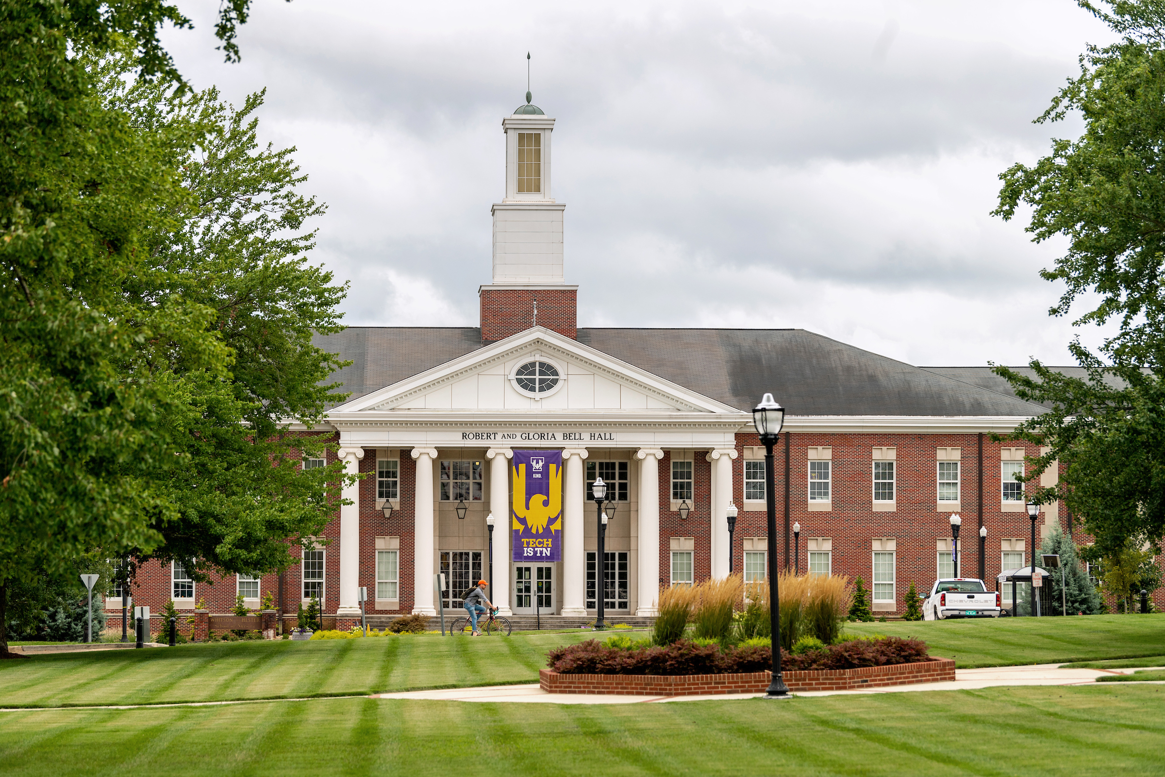 Bell Hall during summer, viewed from the lawn of the main quad