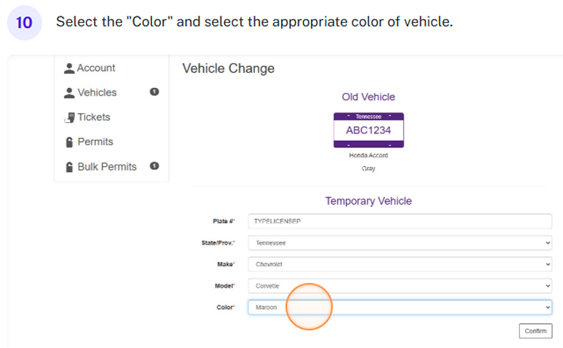 Screenshot of Parking Portal with "color" highlighted.
