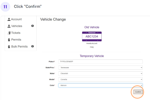 Screenshot of Parking Portal with "confirm" highlighted.