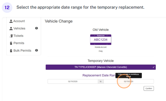 Screenshot of Parking Portal with "end date" highlighted.