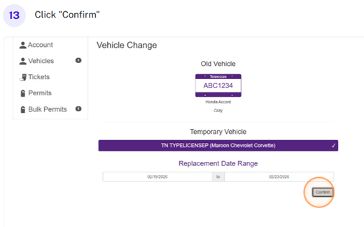 Screenshot of Parking Portal with "confirm" highlighted.