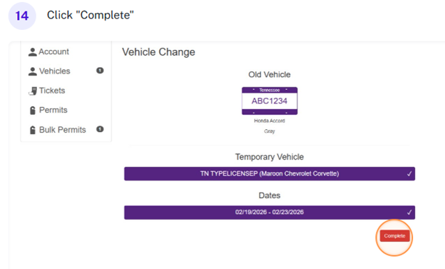 Screenshot of Parking Portal with "complete" highlighted.