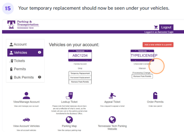 Screenshot of Parking Portal with the temporary vehicle replacement highlighted.