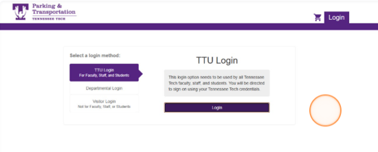 Screenshot of parking portal with login method highlighted in purple