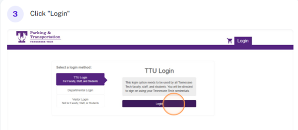 Screenshot of parking portal with login highlighed