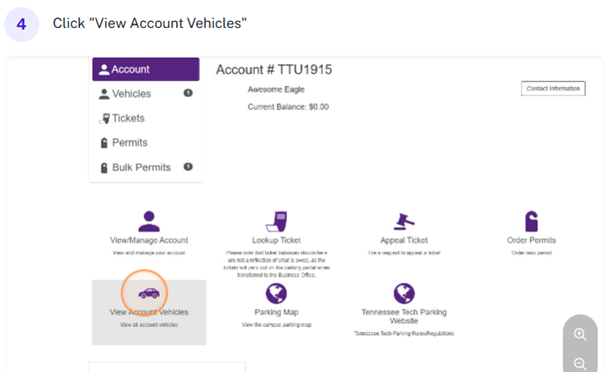 Screenshot of parking portal with "view account vehicles" highlightec