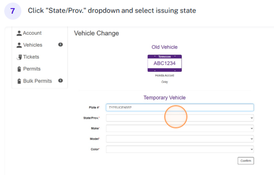 Screenshot of Parking Portal with "State/Provence" highlighted.