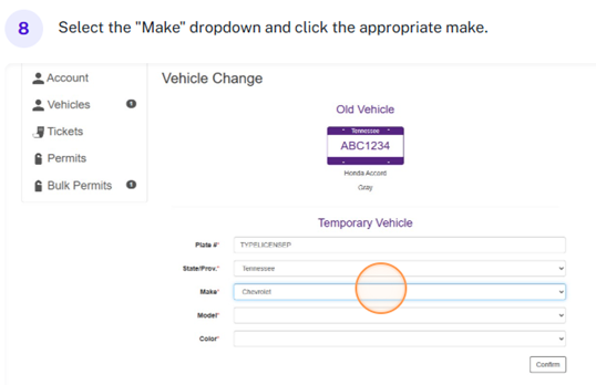 Screenshot of Parking Portal with "make" highlighted.