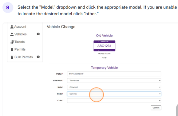 Screenshot of Parking Portal with "model" highlighted.