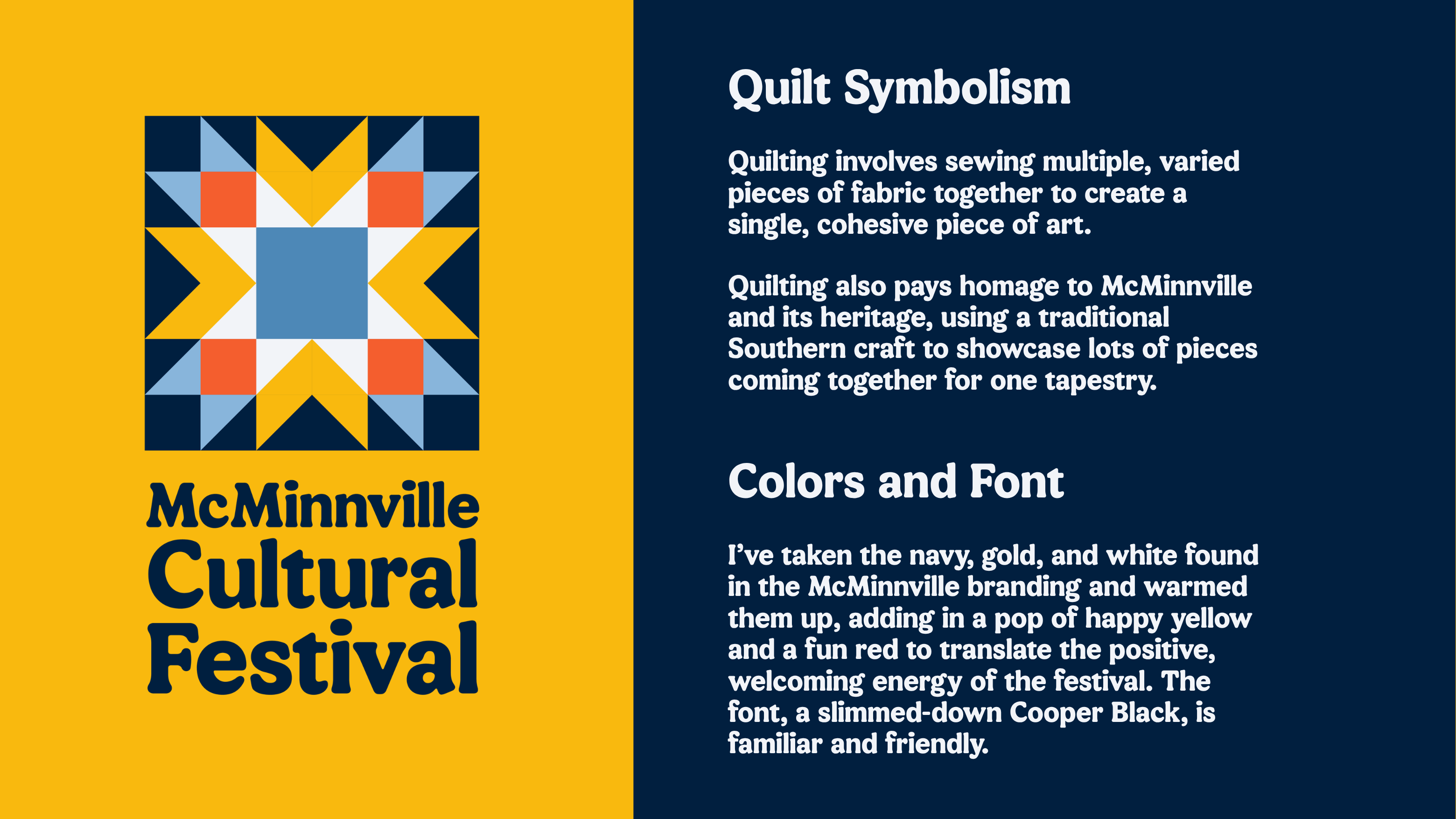 Presentation board showing the festival logo with design concepts explaining quilt symbolism, colors, and typography.