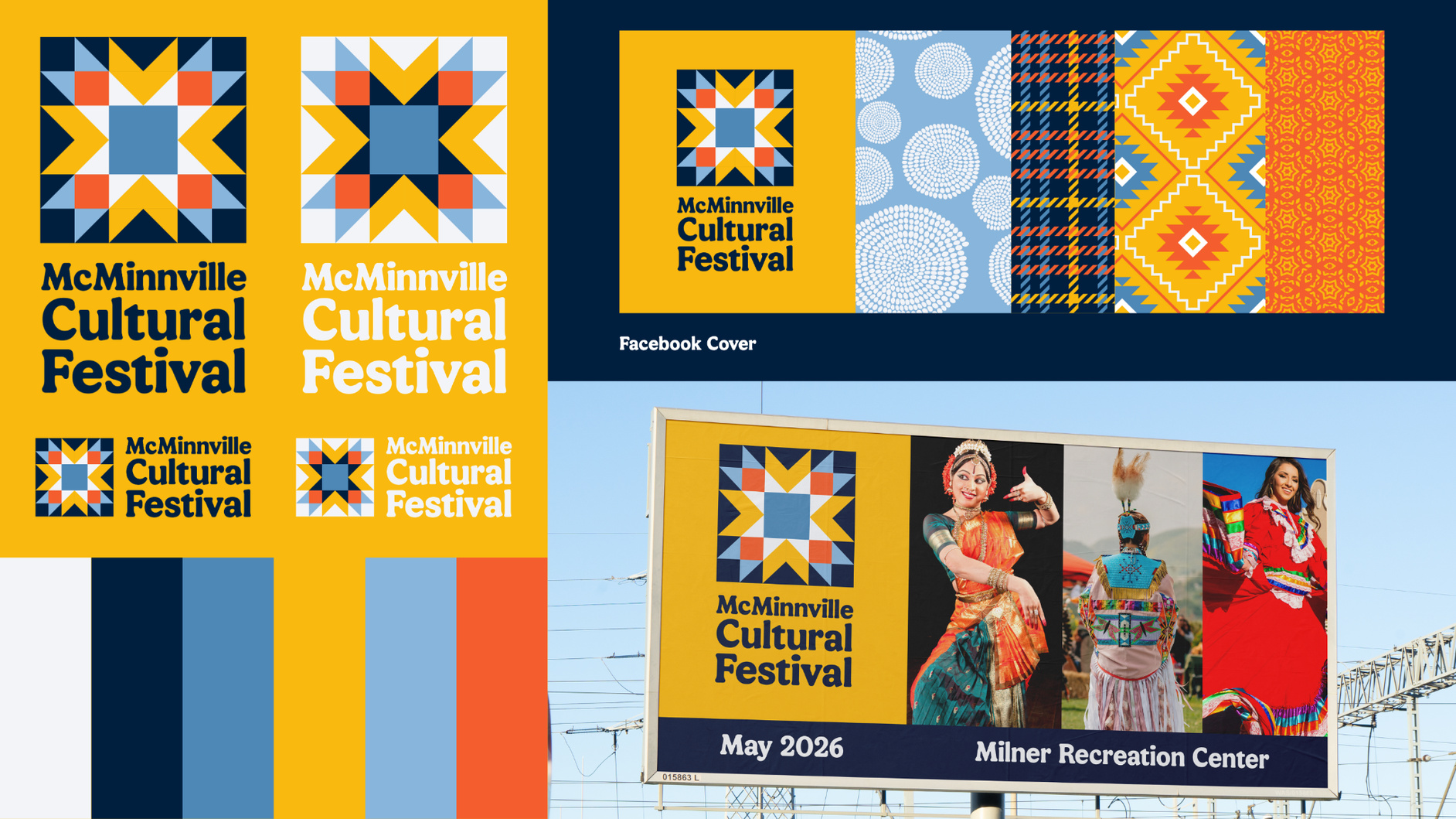 Brand guide showing the McMinnville Cultural Festival logo, color palette, pattern library, Facebook cover, and billboard mockups.