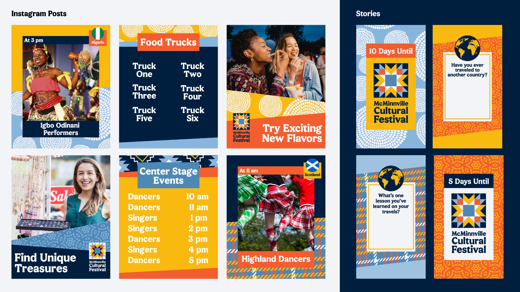 Social media templates for Instagram posts featuring festival branding, performer spotlights, schedules, food trucks, and countdown graphics.