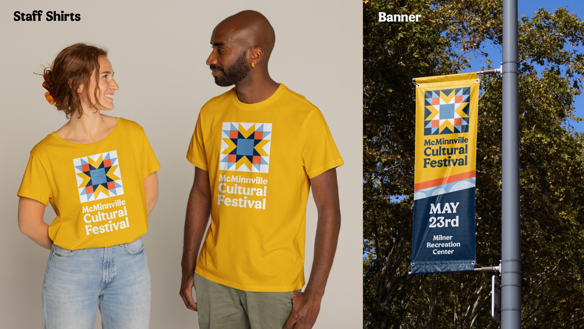 Mockups of McMinnville Cultural Festival staff T-shirts and downtown street banners using the festival's colorful branding.