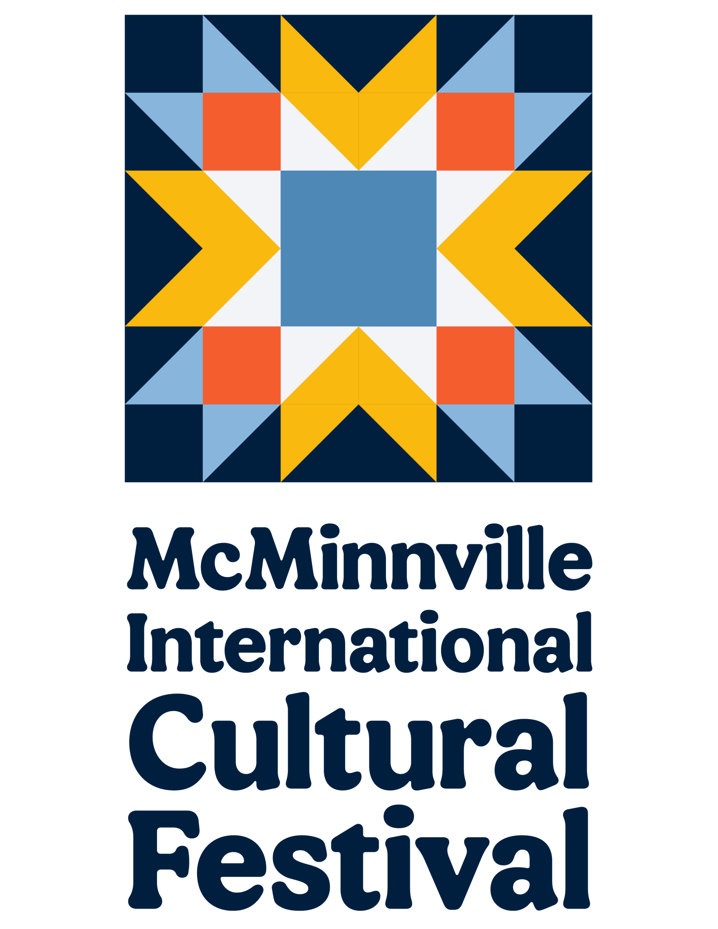 Logo for the McMinnville International Cultural Festival featuring a colorful quilt-inspired geometric emblem in navy, gold, light blue, orange, and white above the event name in navy lettering.