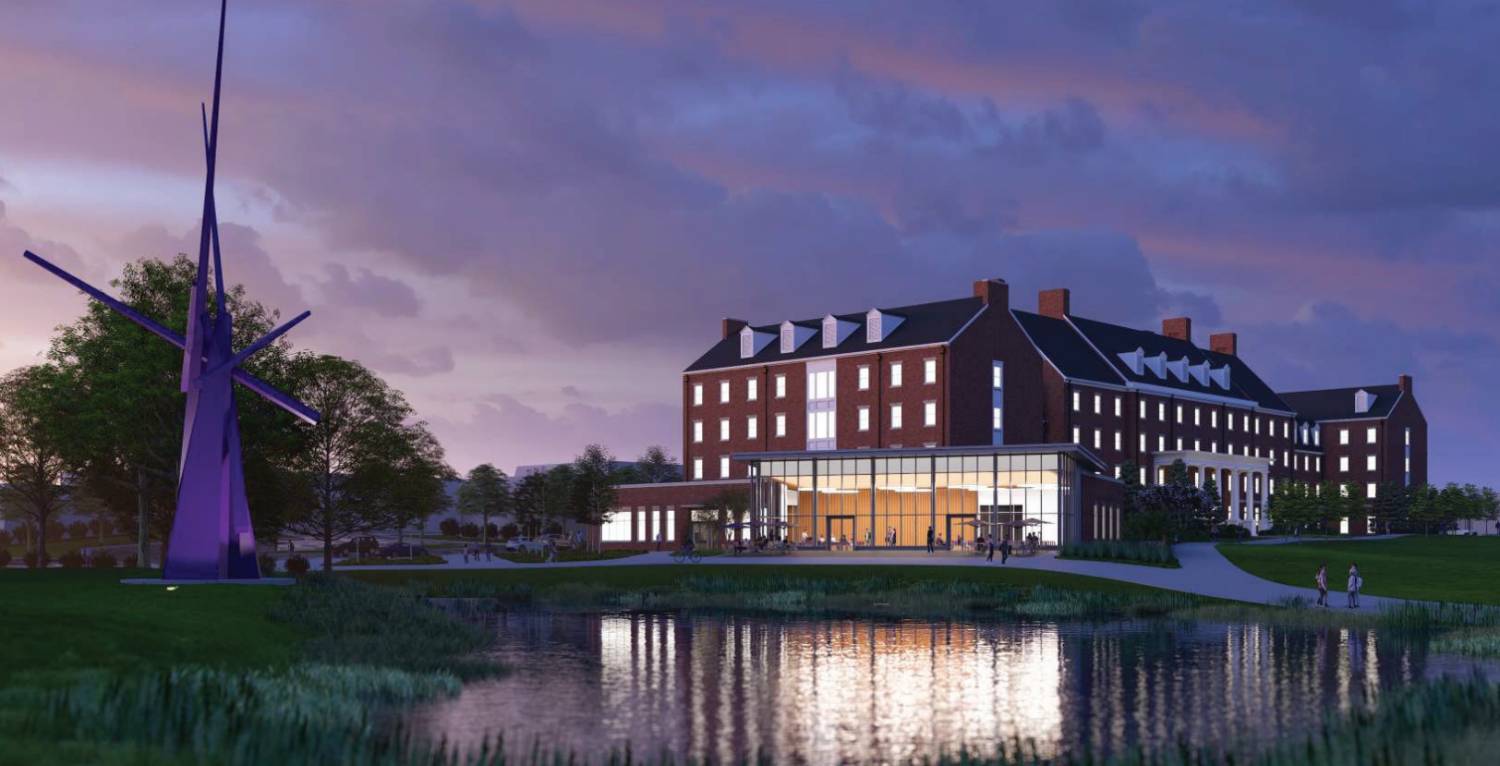 upcoming J.J. Oakley Hall rendering at night 