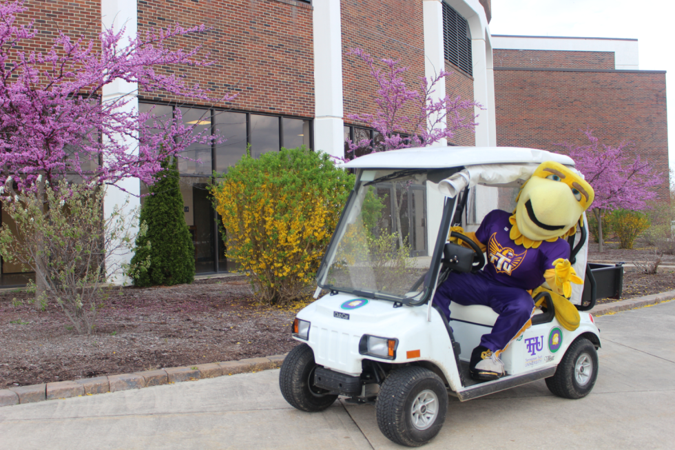 Awesome Eagle sitting in golf cart doing wings up hand sign