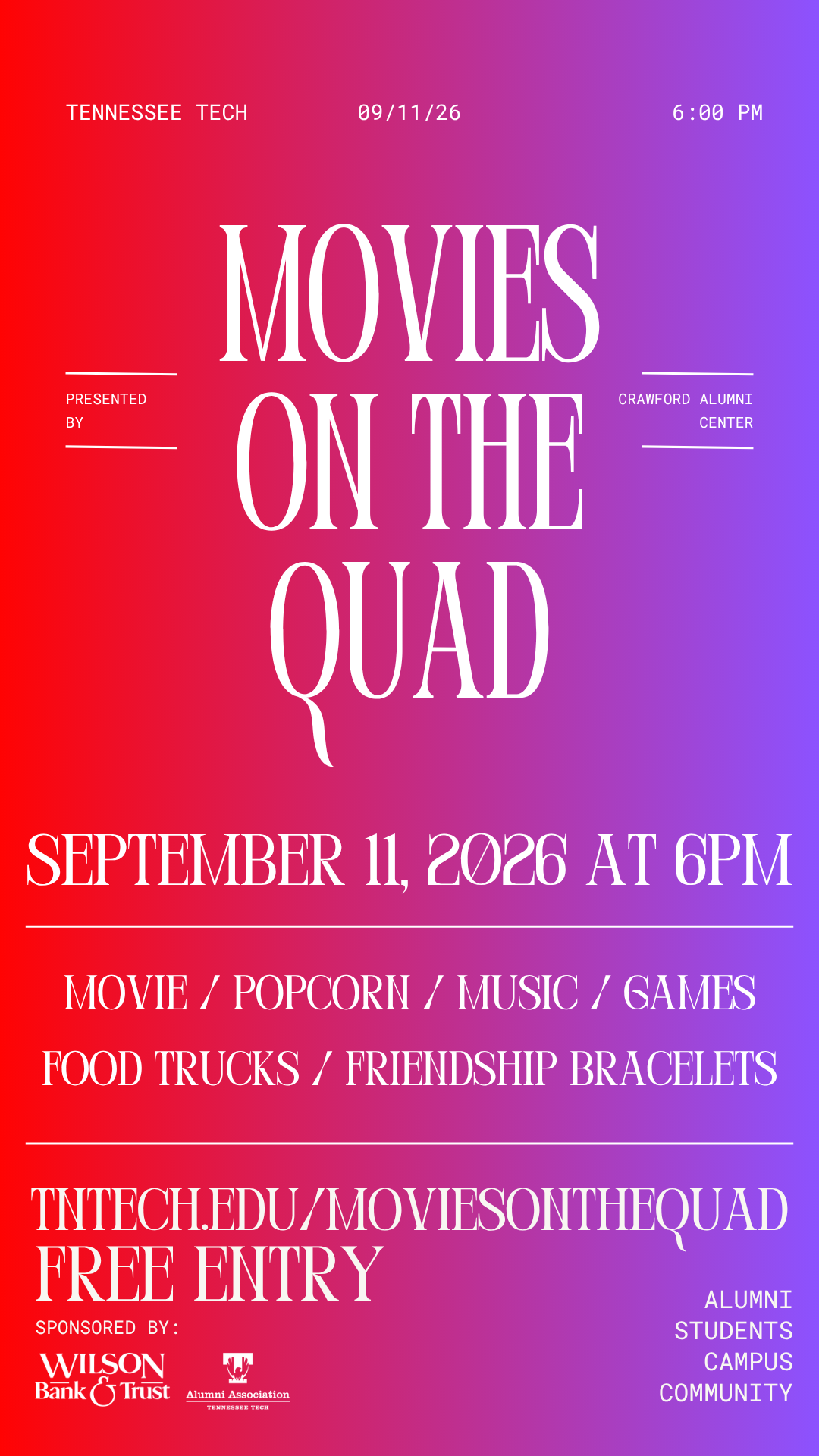 Promotional advertisement for Movies on the Quad