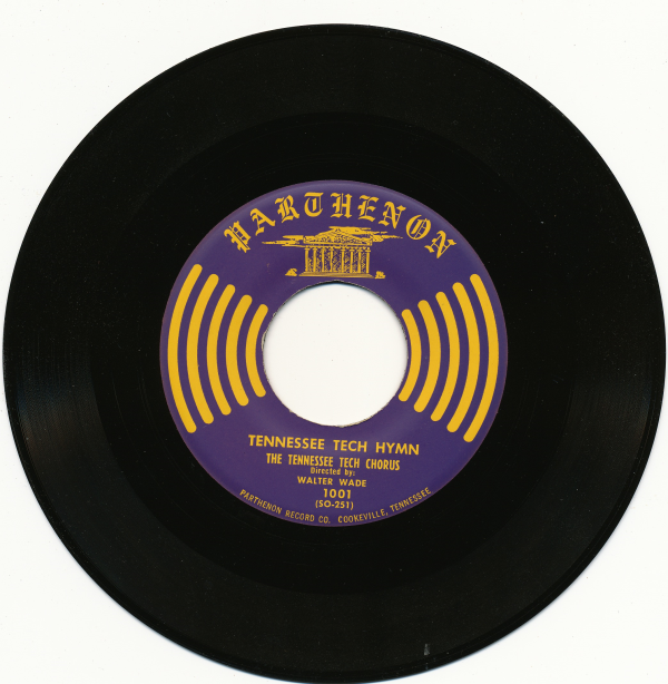 An image of a 45 rpm record of the Tech Hymn made by Parthenon Records.