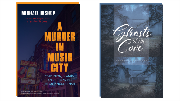 The covers of the novels A Murder in Music City and Ghosts of the Cove.