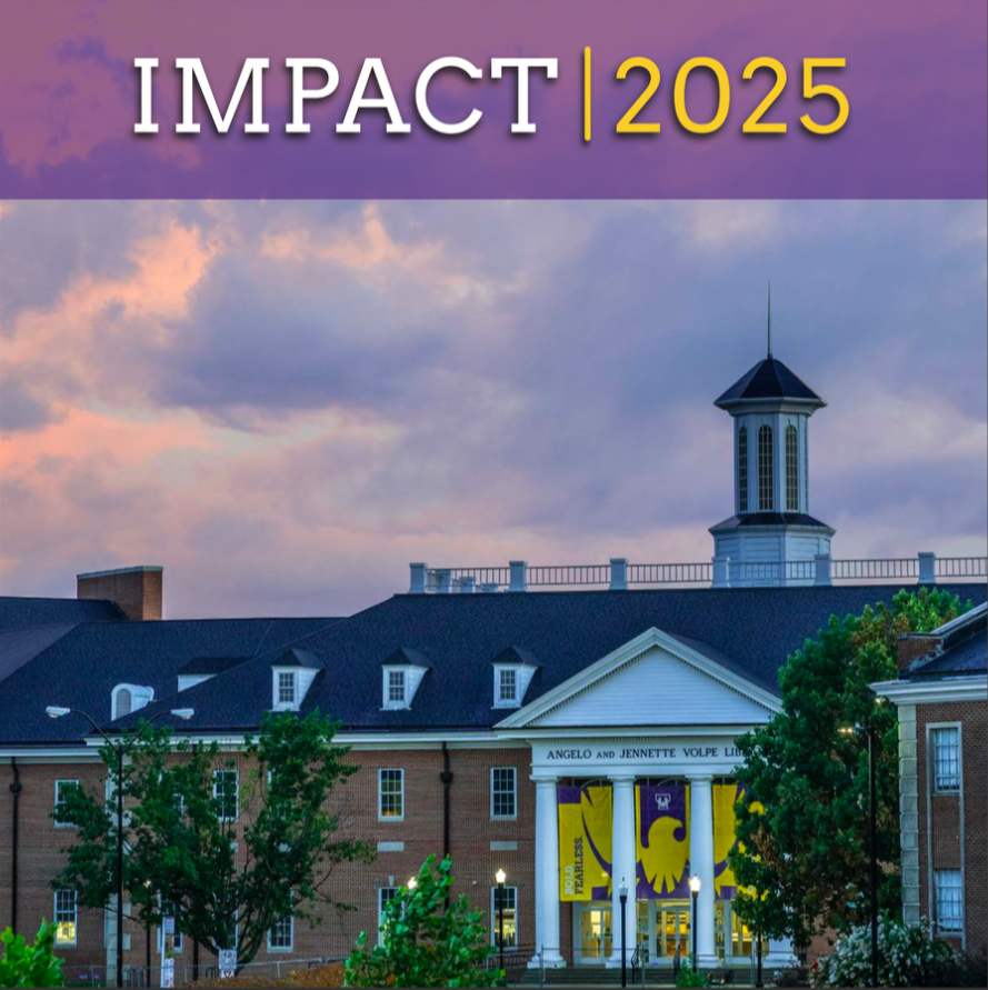 The cover of Impact - front of the Volpe Library at sunset