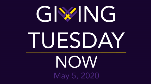 Dark purple graphic with white font reading Giving Tuesday Now. The "v" in giving is a purple and yellow heart - the Giving Tuesday logo. At the bottom in purple font, it reads May 5, 2020. 