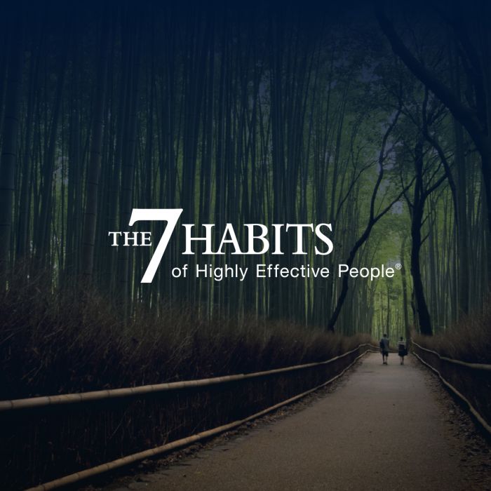 an image of two people walking on a path through a forest. The graphic reads "The 7 Habits of Highly Effective People."