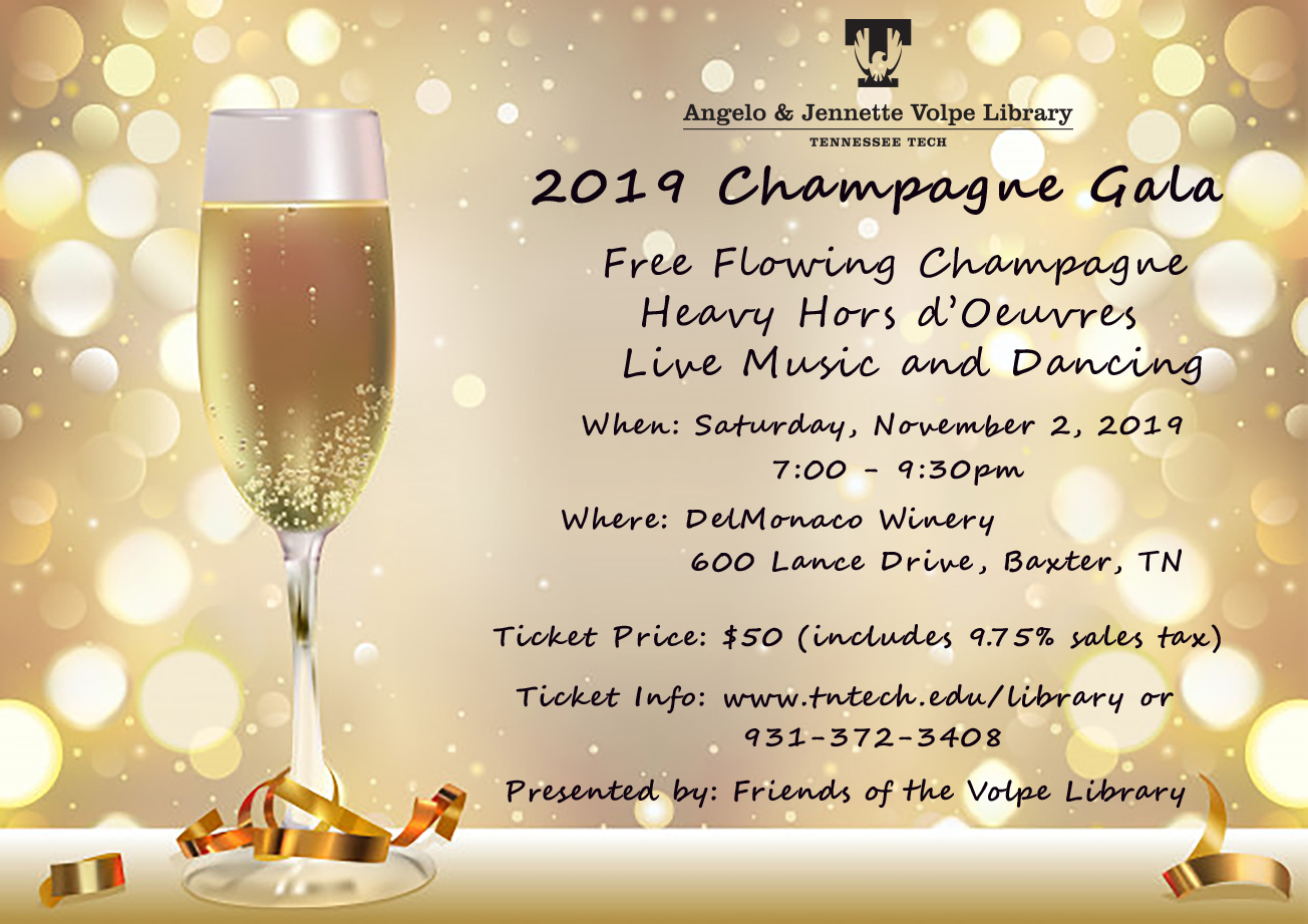 2019 Champagne Gala for the Friends of the Library - November 2 from 7-9:30 at DelMonaco Winery. Ticket Price is $50 including tax