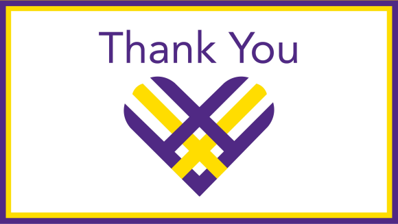 The words "Thank You" with a yellow and purple heart beneath it.