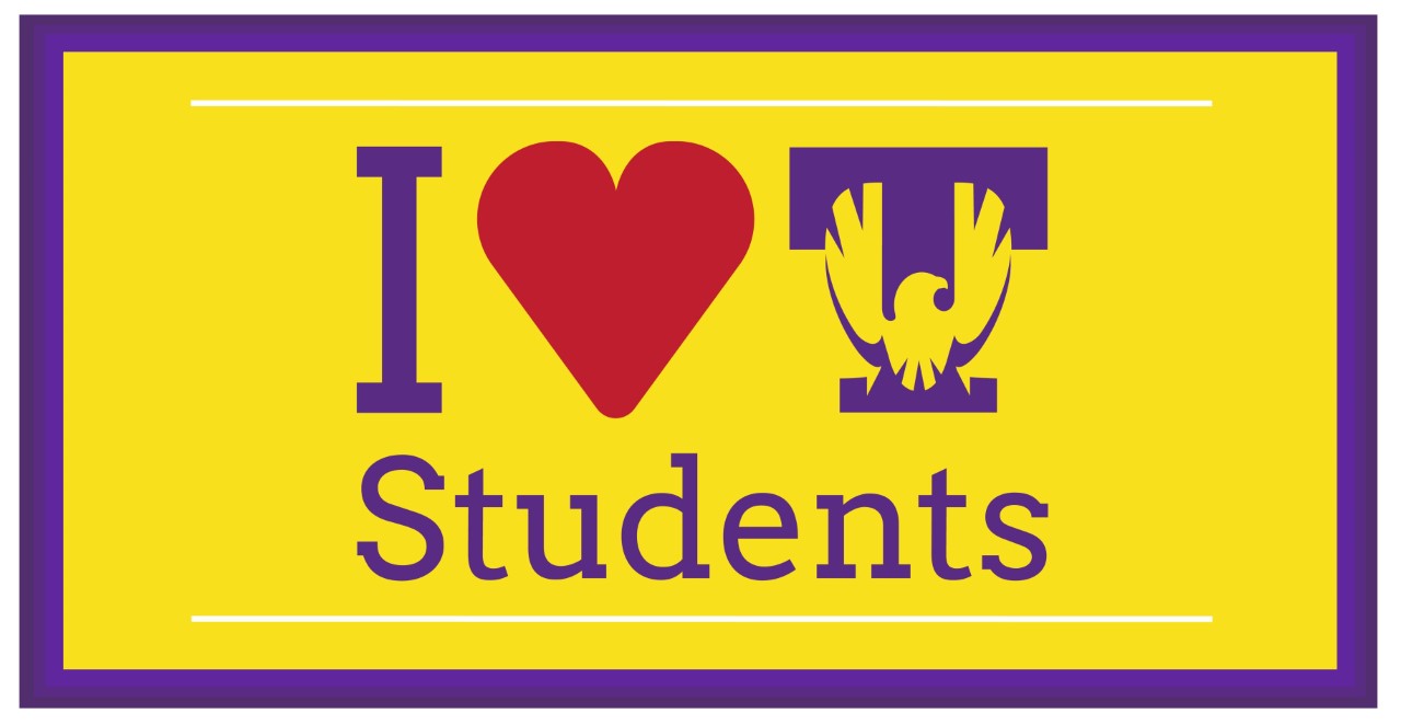 A yellow graphic with a purple border that reads "I Heart Tech Students"