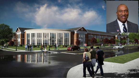An artist's rendering of the facade of the new fitness center and an inset portrait of Marc Burnett