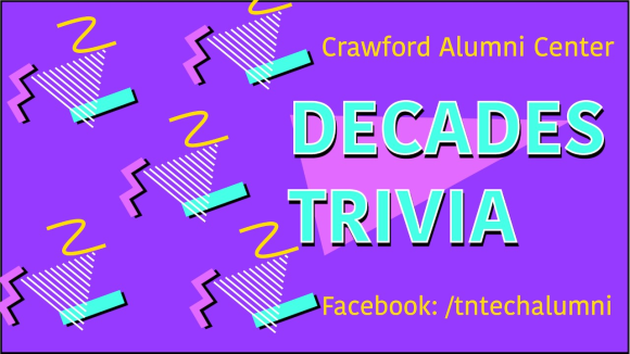 A bright purplegraphic with 90s design elements. There is a repeating motif of a triangle made of white lines, a yellow squiggle, a pink zig-zag, and a turquoise bar. The graphic reads "Crawford Alumni Center Decades Trivia; Facebook /tntechalumni"