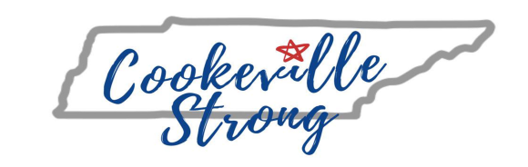 The words "Cookeville Strong" in an outline of the state of Tennessee.