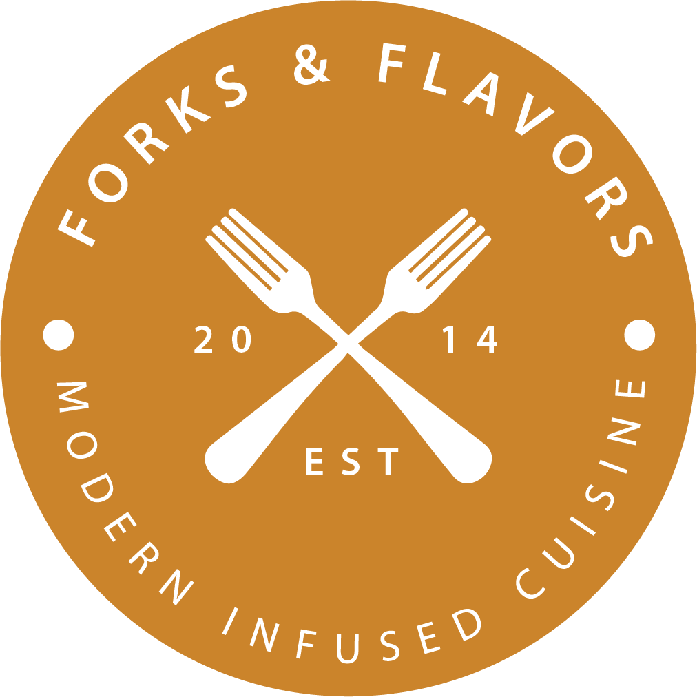 Logo for Forks and Flavors. A rust colored circle with two crossed white forks. It reads "Forks & Flavors, established 2014, Modern Infused Cuisine"