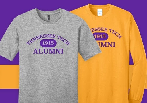 A gray and yellow t-shirt with Tennessee Tech 1915 Alumni on the fronts in purple.