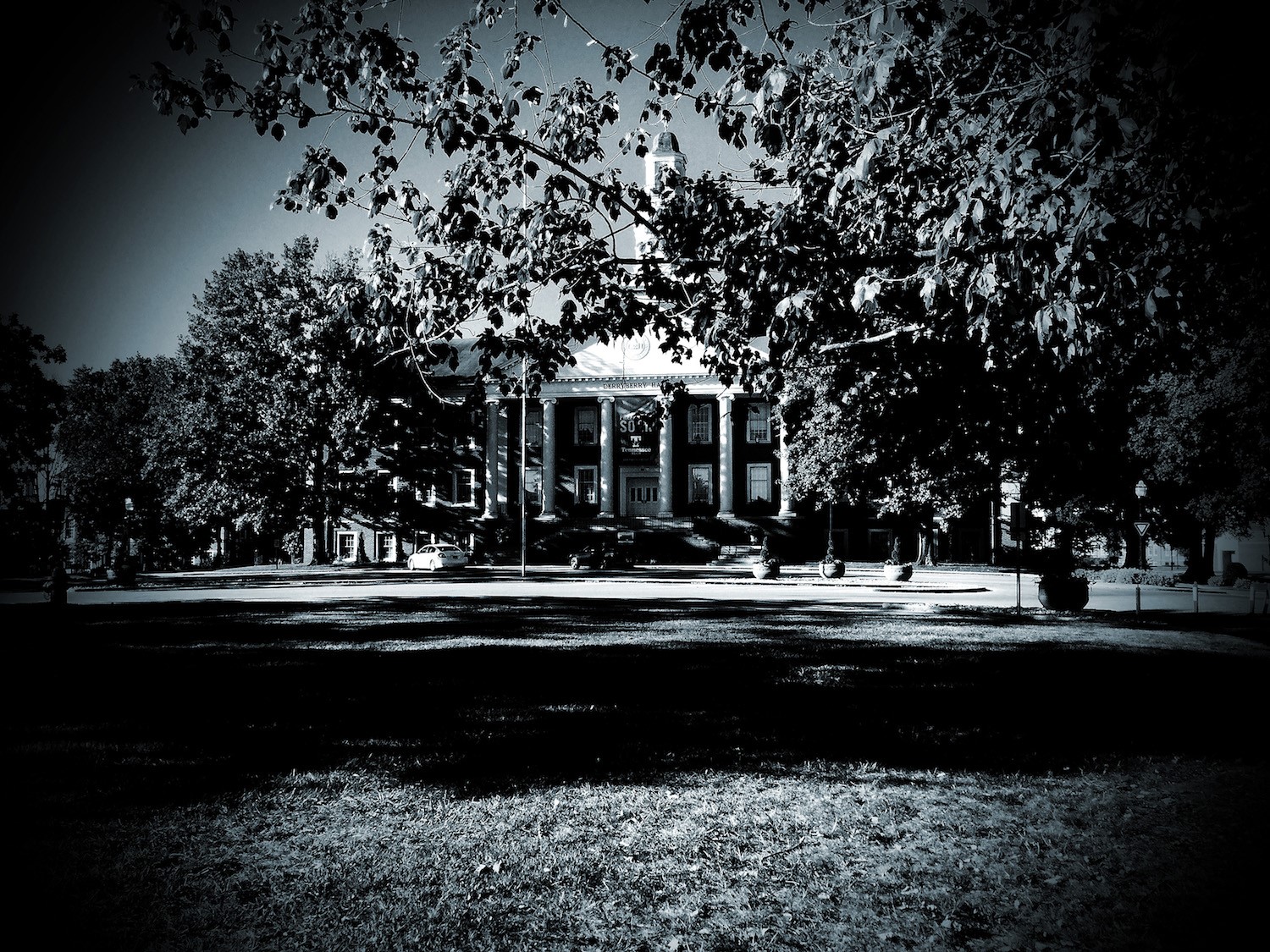 Black and white photo of Derryberry Hall with an effect to look "spooky"